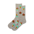 Pair of crew socks in grey and light blue, featuring ice cream and brownie illustrations. Fun and whimsical dessert-themed sock design.