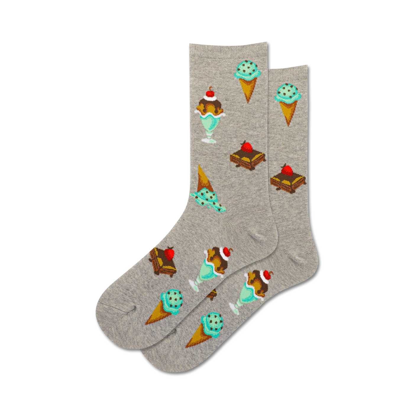 Pair of crew socks in grey and light blue, featuring ice cream and brownie illustrations. Fun and whimsical dessert-themed sock design.