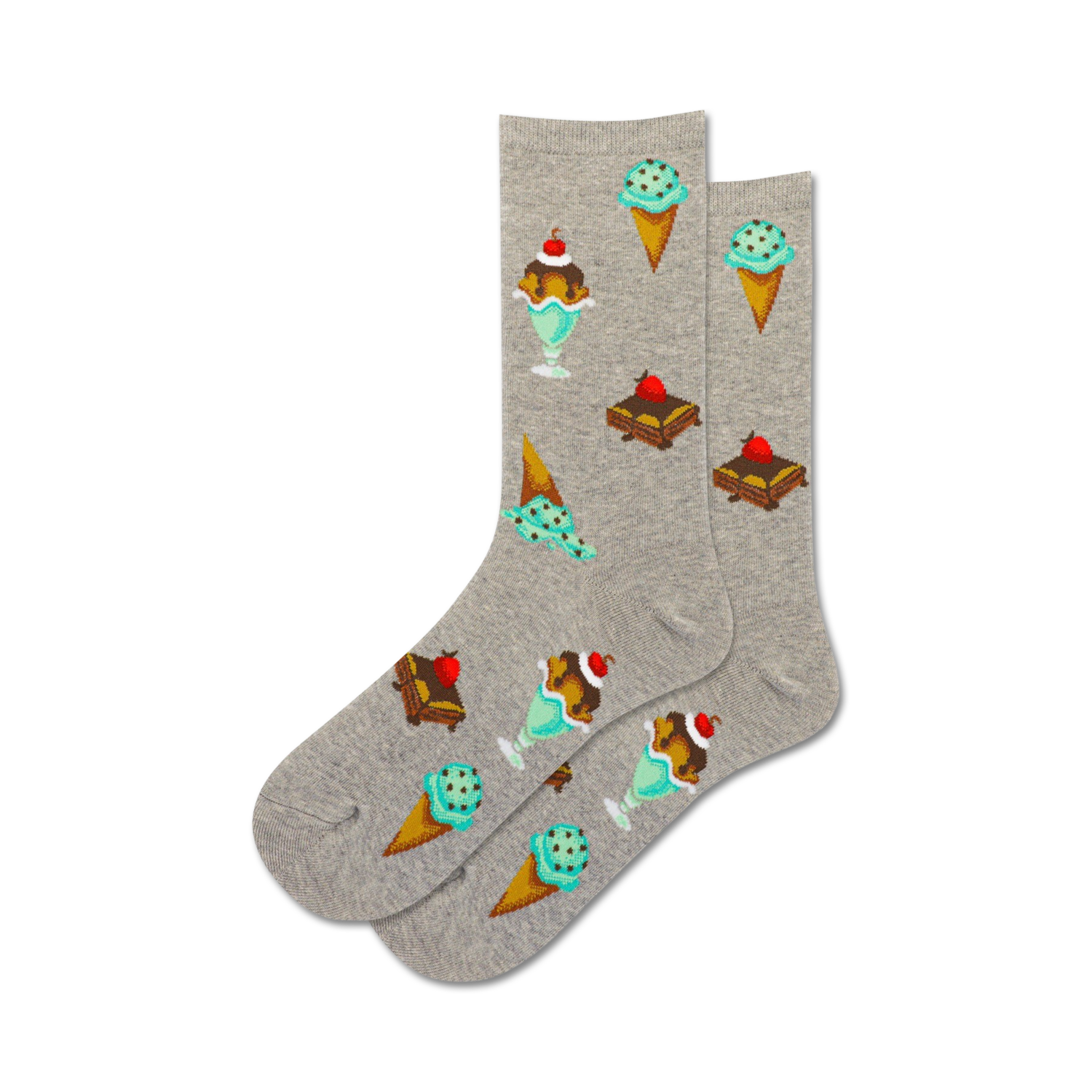 Pair of crew socks in grey and light blue, featuring ice cream and brownie illustrations. Fun and whimsical dessert-themed sock design.
