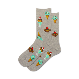 gray crew socks with mint chocolate chip ice cream cones, mint chocolate chip sundaes, brownies, and yellow sponge cake with white frosting and rainbow sprinkles. for women. 