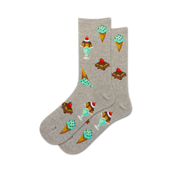 gray crew socks with mint chocolate chip ice cream cones, mint chocolate chip sundaes, brownies, and yellow sponge cake with white frosting and rainbow sprinkles. for women. 