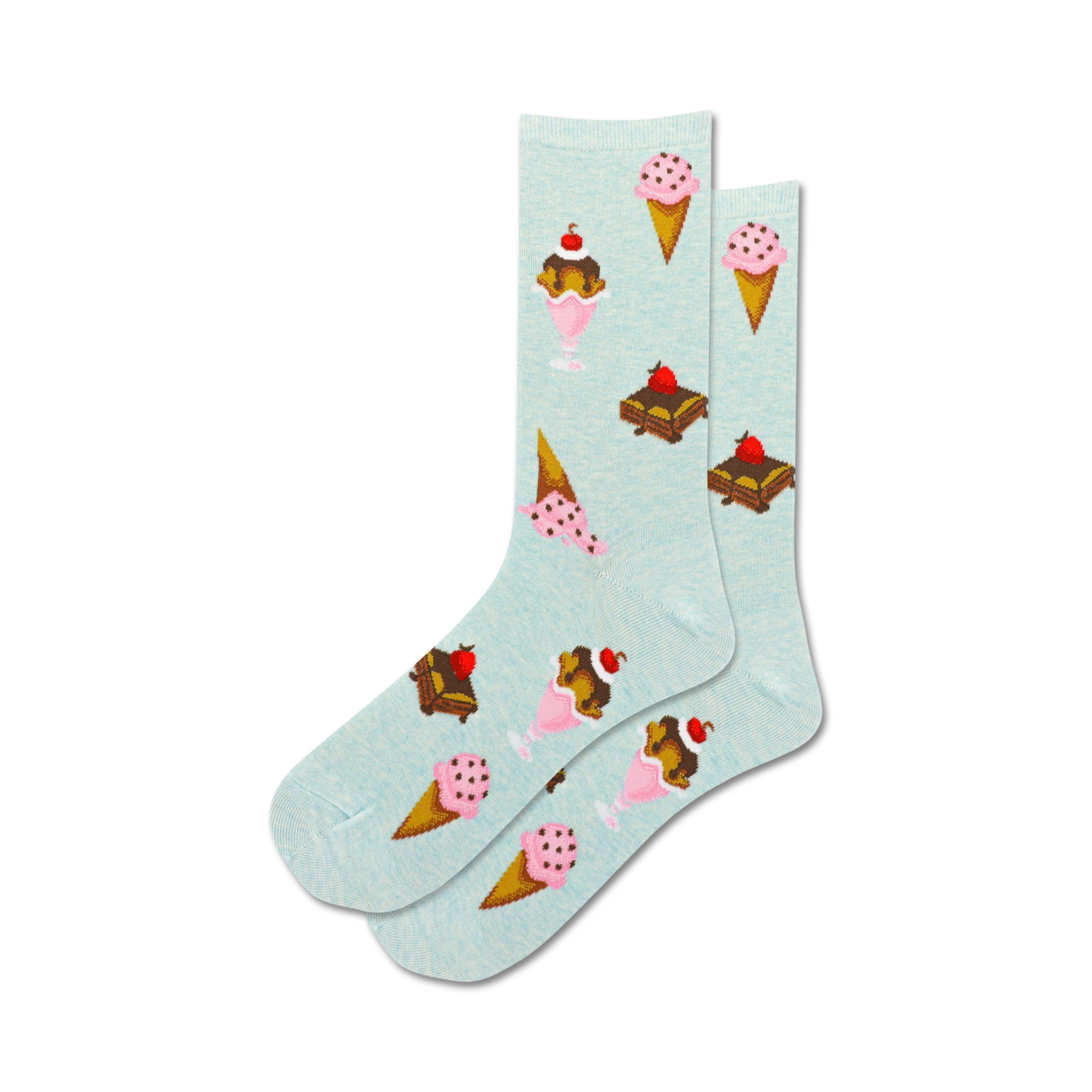 Lifestyle shot showing the light blue Desserts socks on a model's feet, showcasing the sock's fit and style.