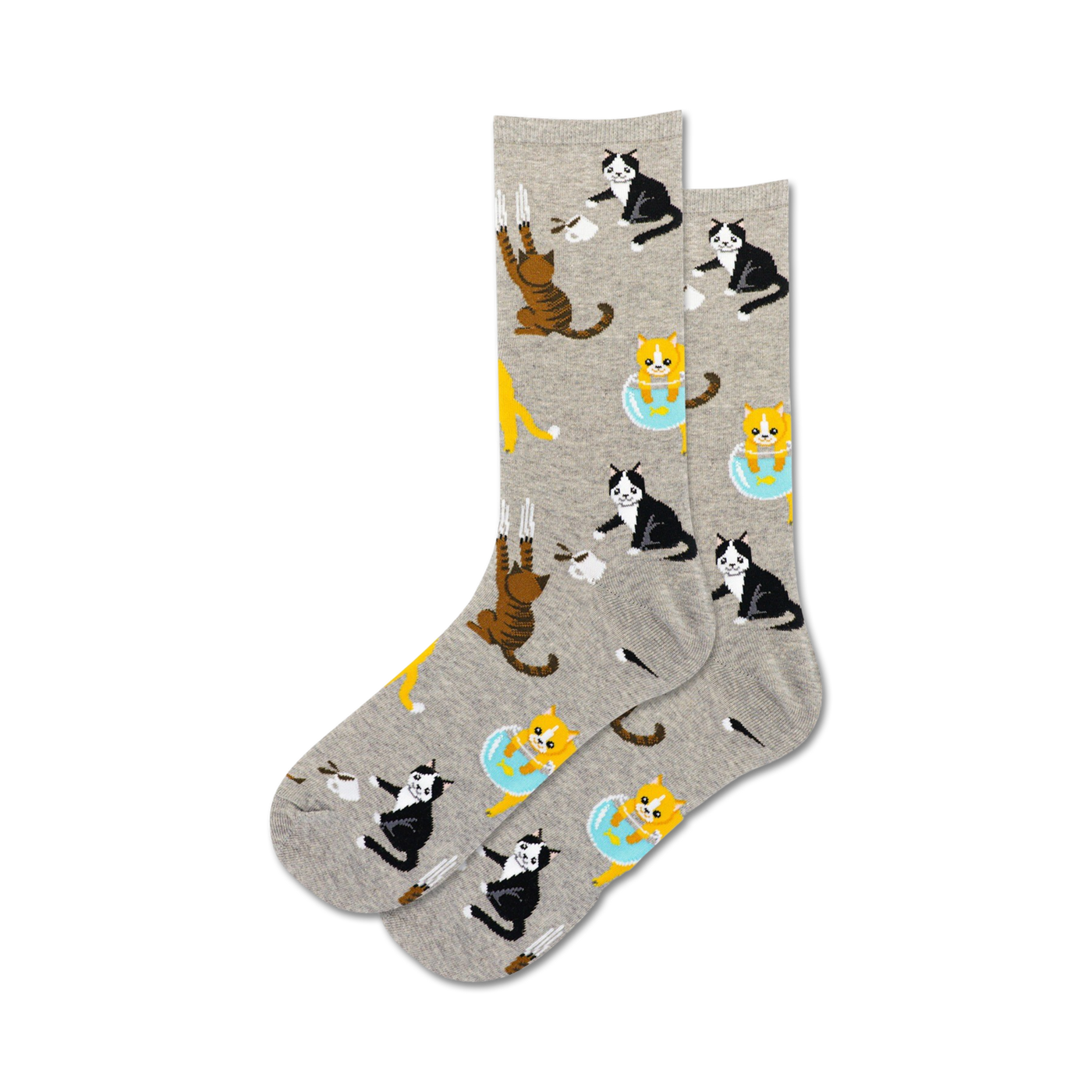 Pair of crew socks in grey and pink; featuring a repeating pattern of cute black and orange cats drinking tea, scratching and playing in a bowl.