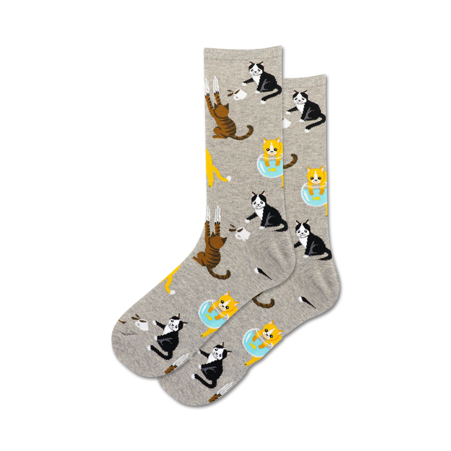 Pair of crew socks in grey and pink; featuring a repeating pattern of cute black and orange cats drinking tea, scratching and playing in a bowl.
