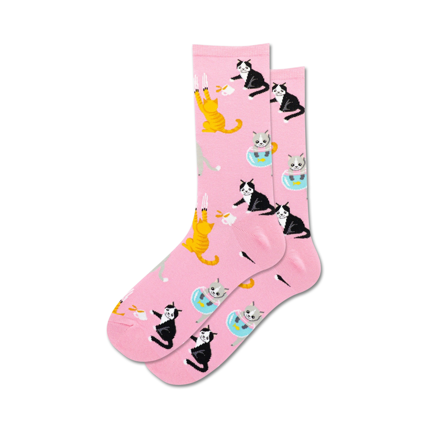 Lifestyle shot of the pink 'Bad Cat' socks on a model's feet. The socks showcase the fun cat design.