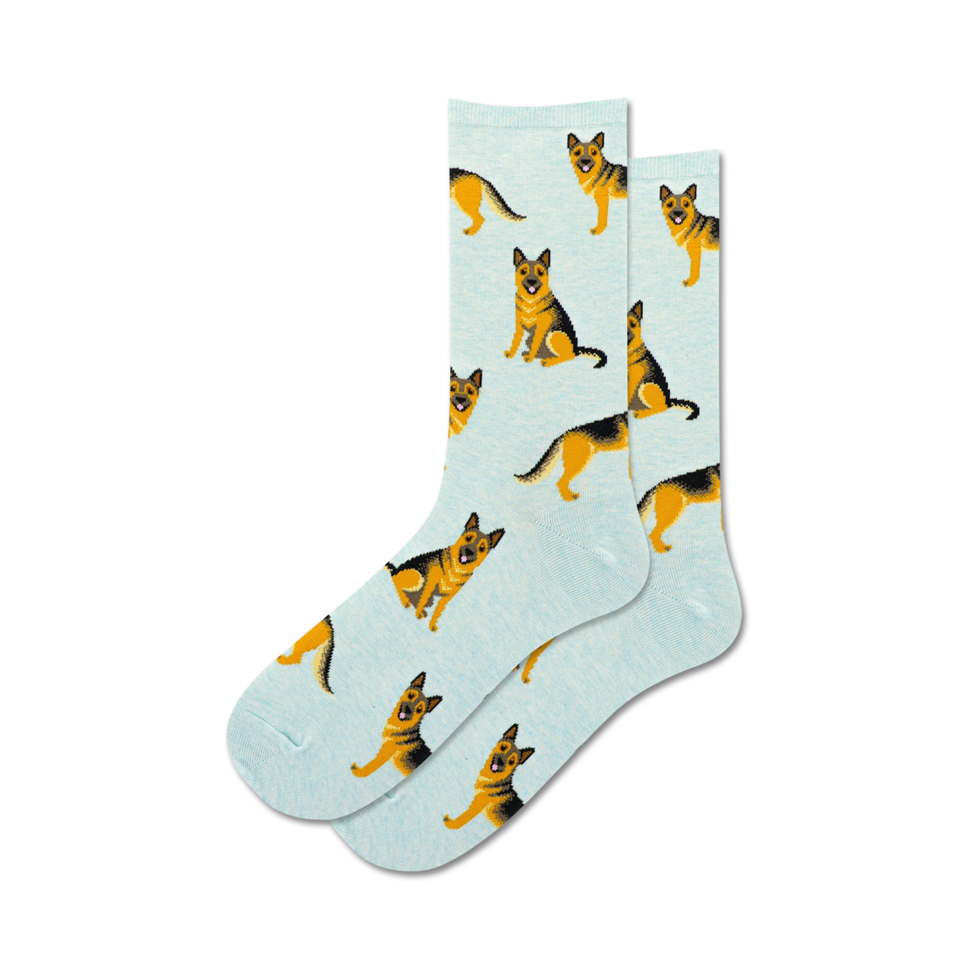 Pair of light blue crew socks with a repeating pattern of German Shepherds. 