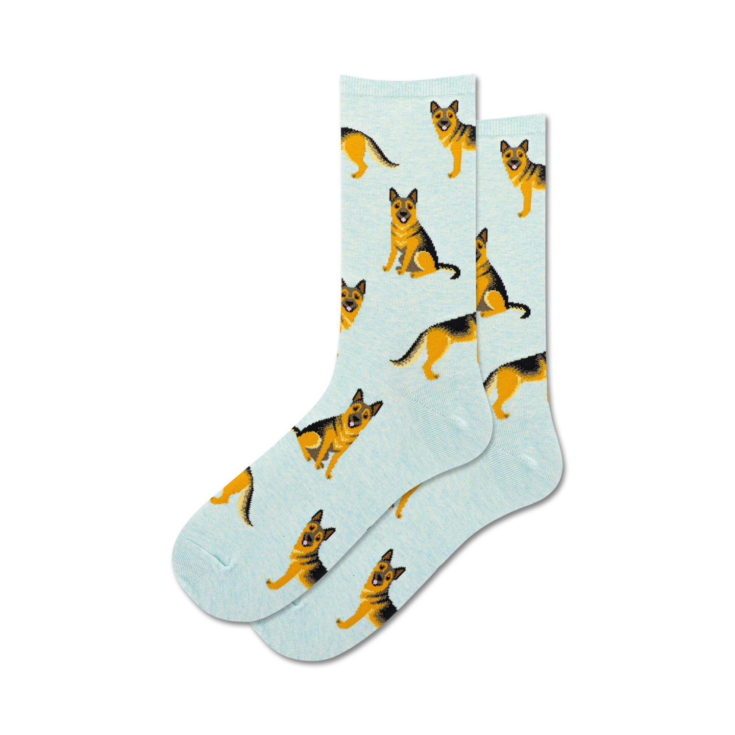 Pair of light blue crew socks with a repeating pattern of German Shepherds. 