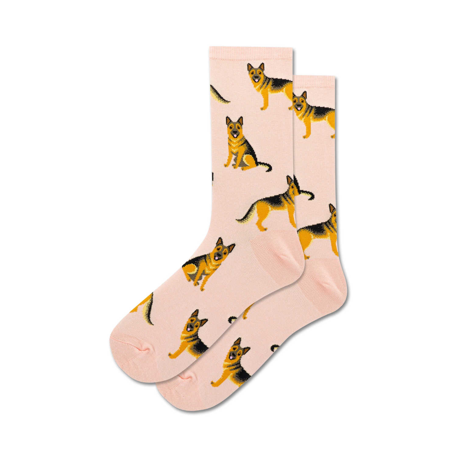 Pair of pink crew socks with a repeating pattern of German Shepherds.