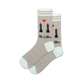 Pair of grey and light-blue crew socks with a chess piece and heart design.  Text reads 'Mr. & Mrs.'