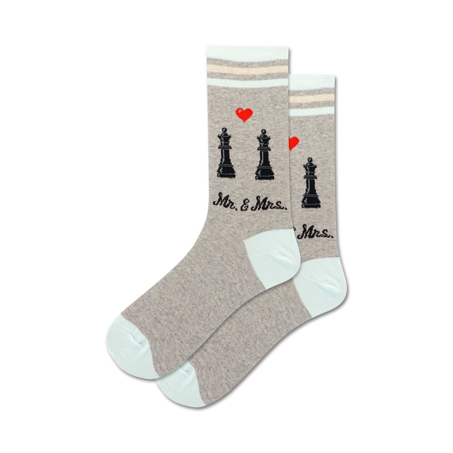 Pair of grey and light-blue crew socks with a chess piece and heart design.  Text reads 'Mr. & Mrs.'