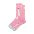 Pair of pink crew socks with a pattern of white wedding dresses, gold rings, and champagne flutes.