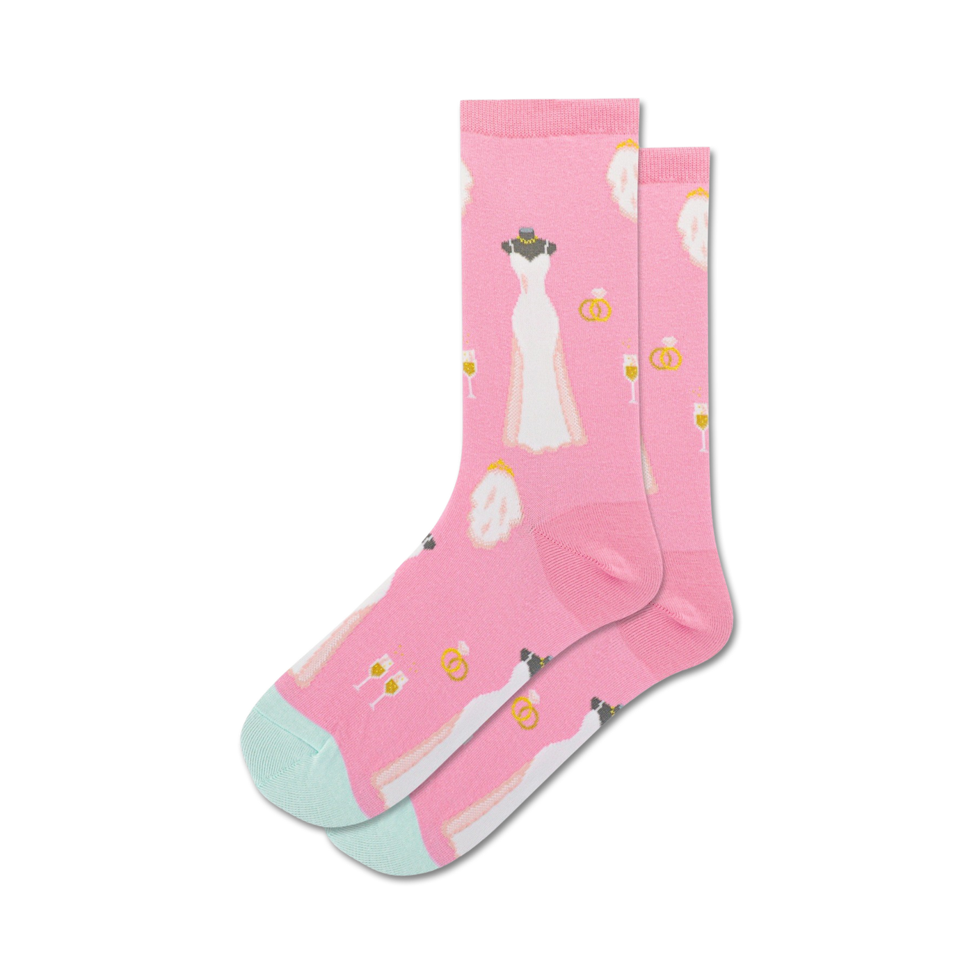 Pair of pink crew socks with a pattern of white wedding dresses, gold rings, and champagne flutes.