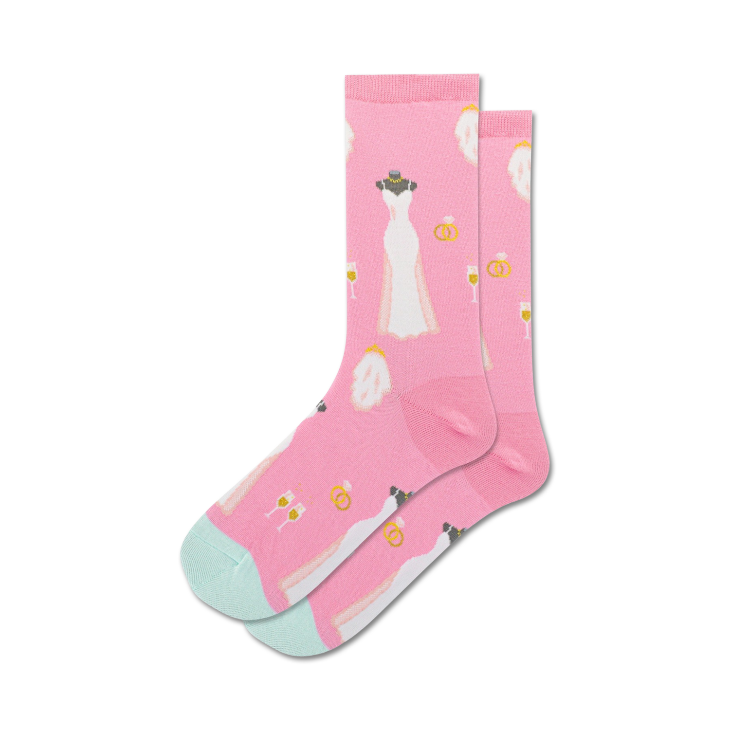 Pair of pink crew socks with a pattern of white wedding dresses, gold rings, and champagne flutes.