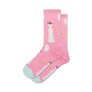 pink crew socks with wedding dress, ring, champagne glass, top hat pattern. wedding theme, women's socks.   