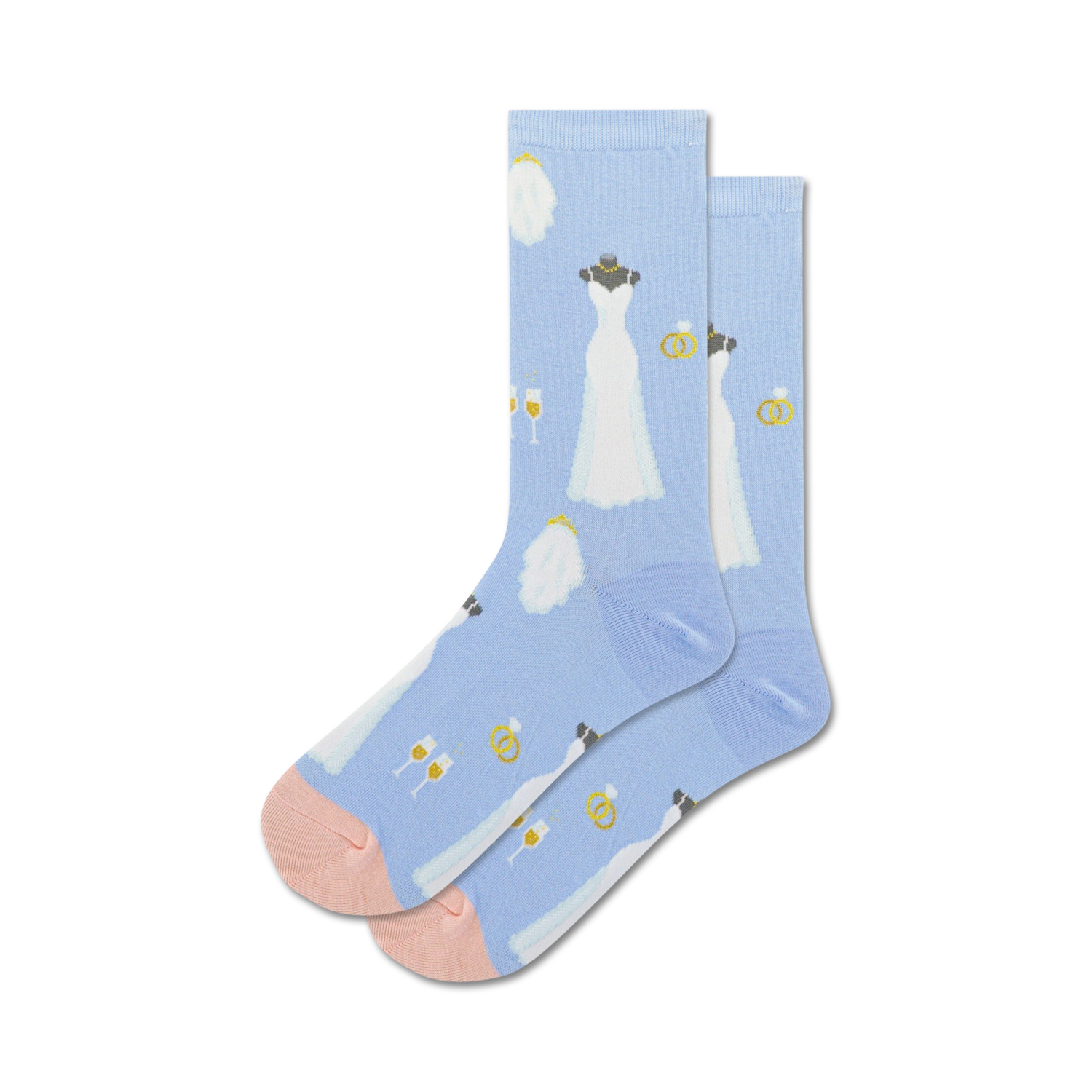 Pair of light blue crew socks with the same wedding-themed design as the pink pair.
