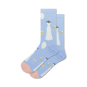 blue crew socks for women with a pattern of champagne glasses, wedding rings, and wedding dresses.   