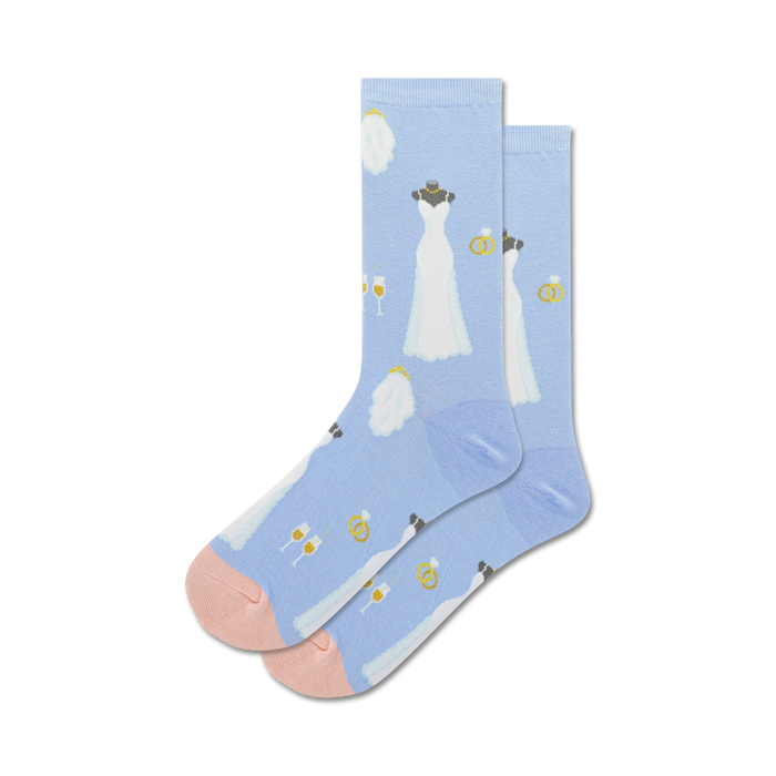 blue crew socks for women with a pattern of champagne glasses, wedding rings, and wedding dresses.   