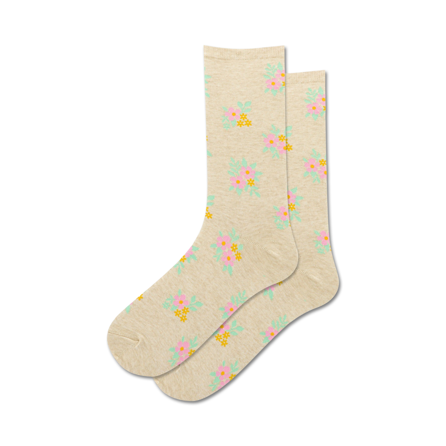 Pair of beige crew socks with a small, scattered floral pattern in pink, yellow, and mint green.