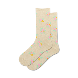 women's classic floral crew socks, featuring a pattern of small pink, yellow, and green flowers on beige background.  