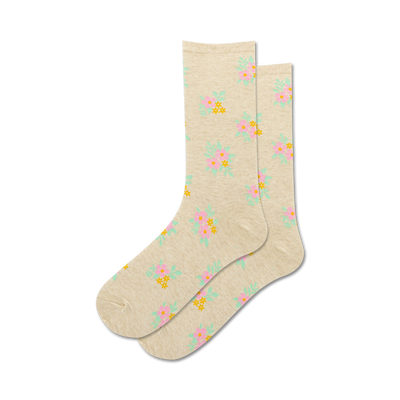 women's classic floral crew socks, featuring a pattern of small pink, yellow, and green flowers on beige background.  