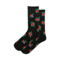Pair of black crew socks with a small, scattered floral pattern in red, purple, and green.