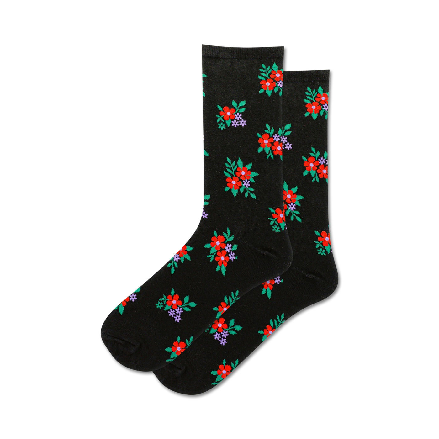 Pair of black crew socks with a small, scattered floral pattern in red, purple, and green.