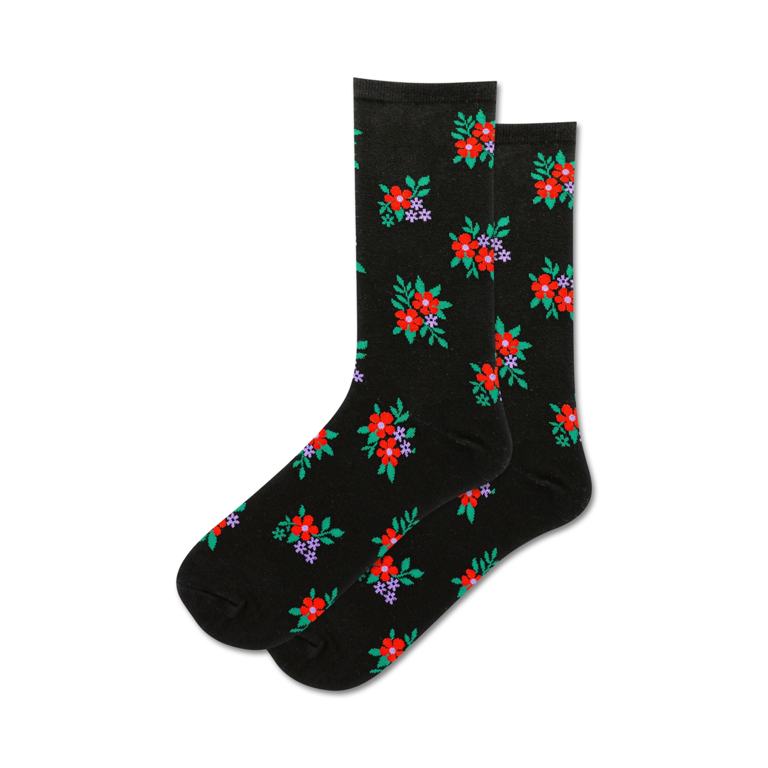 Pair of black crew socks with a small, scattered floral pattern in red, purple, and green.