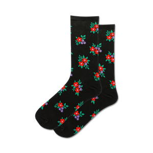 black crew socks adorned with a pattern of red, purple flowers and green leaves. floral themed.  