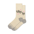 Pair of cream crew socks with a black 'Wifey' script and pink glitter hearts. Gray stripes at the cuff.
