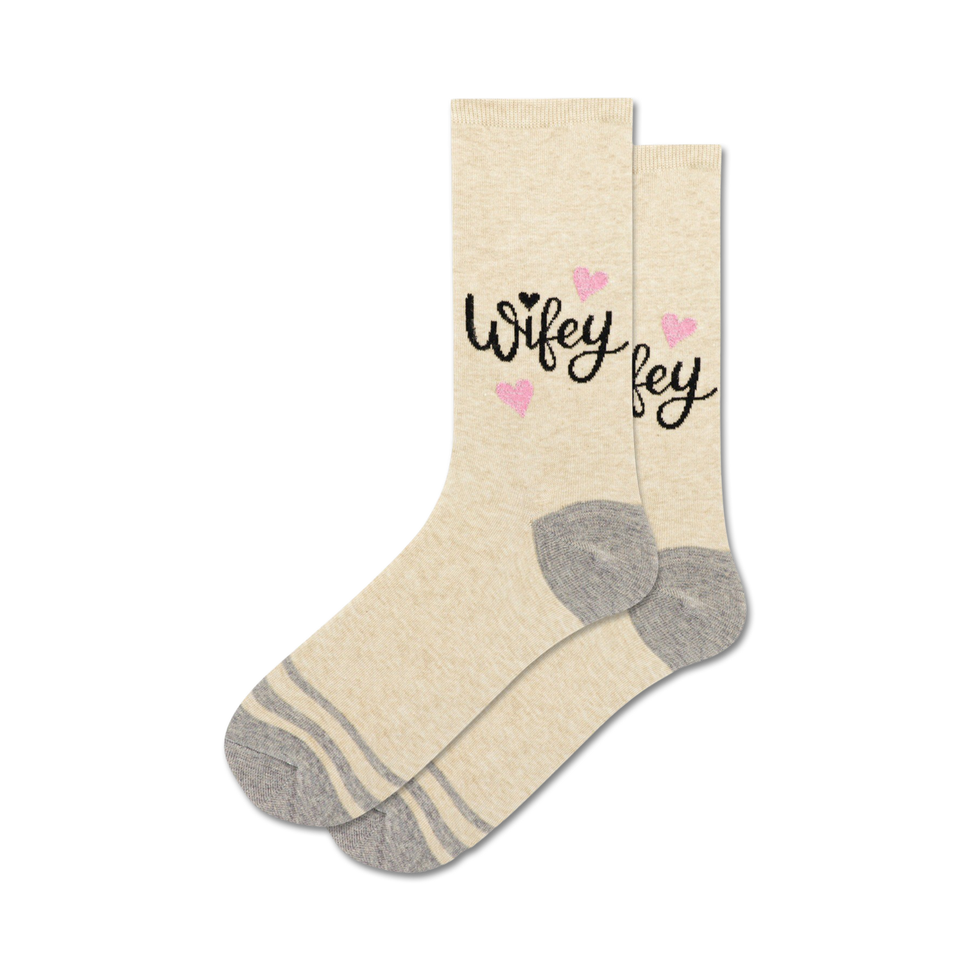 Pair of cream crew socks with a black 'Wifey' script and pink glitter hearts. Gray stripes at the cuff.