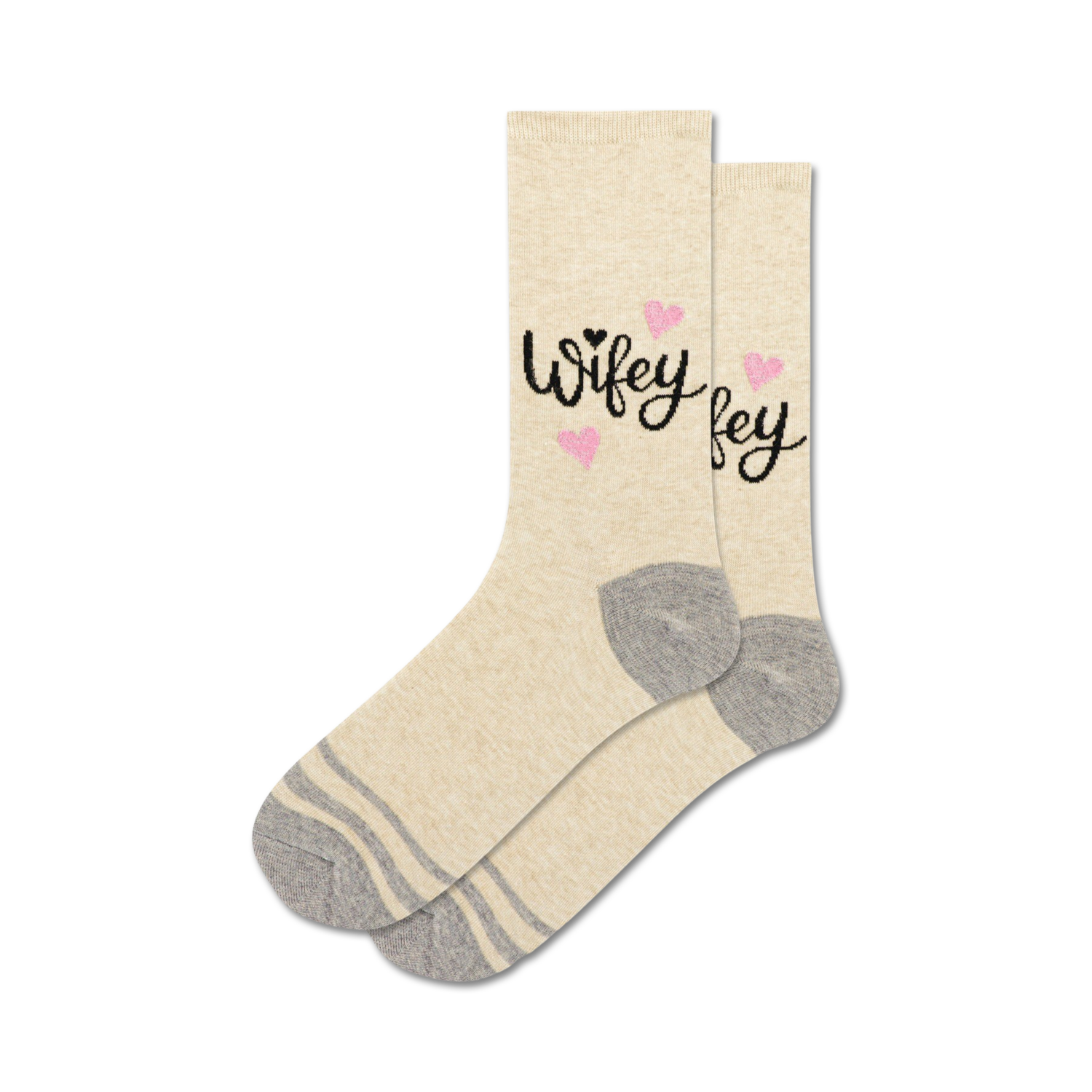 Pair of cream crew socks with a black 'Wifey' script and pink glitter hearts. Gray stripes at the cuff.