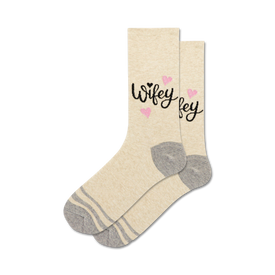 light tan crew socks with "wifey" in black script & 3 pink hearts. gray toe & heel. for women.   