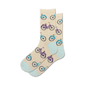 Pair of beige crew socks with a pattern of light blue and purple bicycles. Light blue accents at the cuffs.