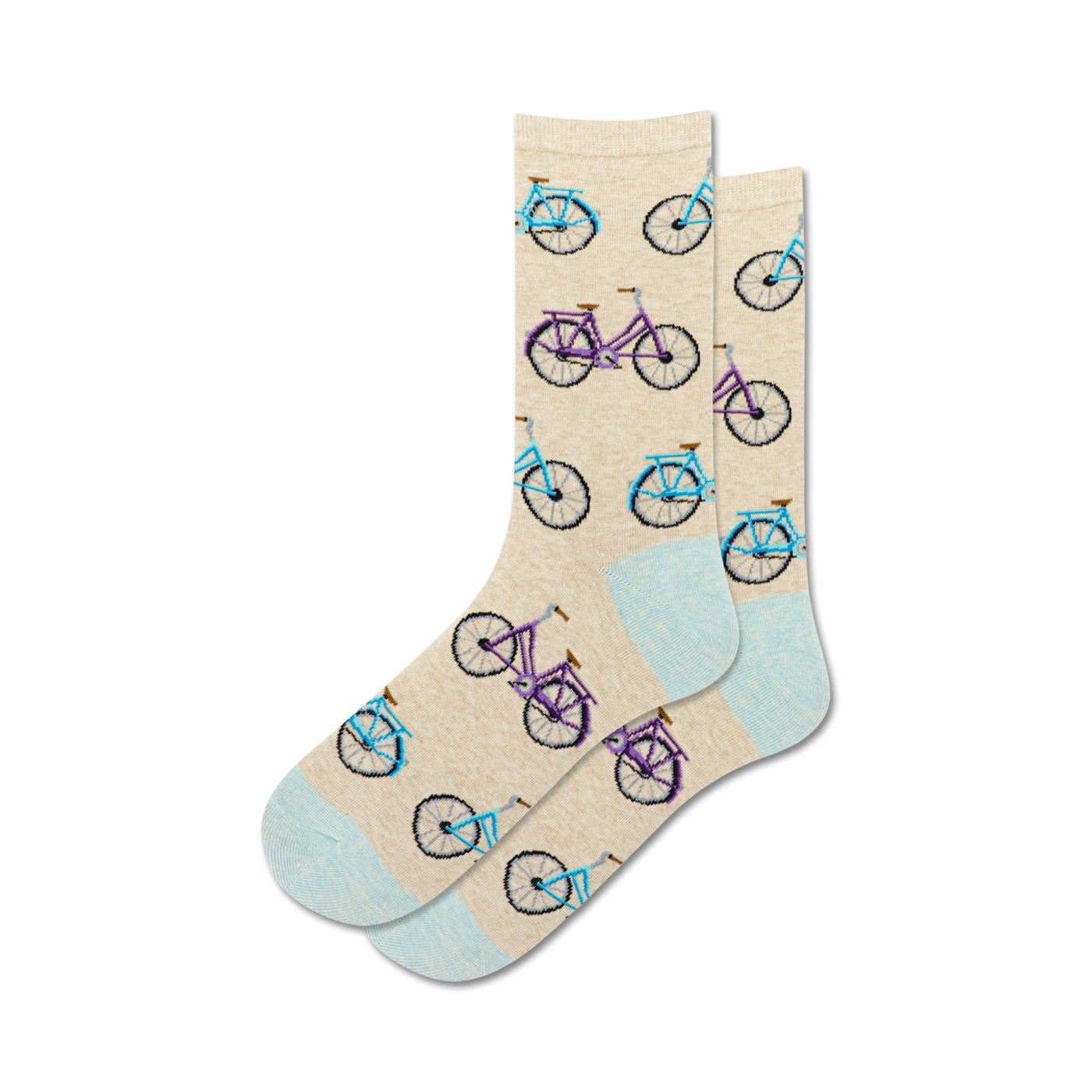 Pair of beige crew socks with a pattern of light blue and purple bicycles. Light blue accents at the cuffs.