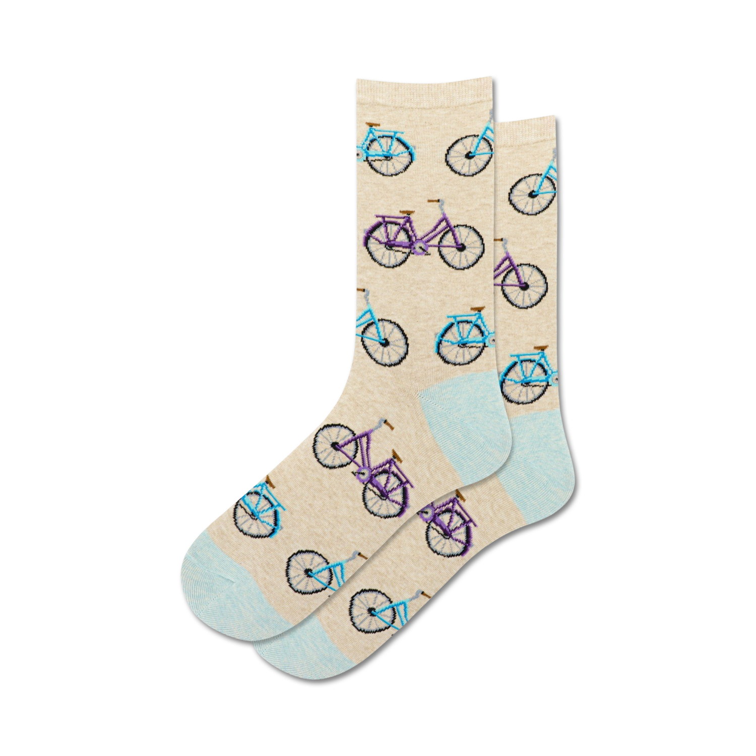 Pair of beige crew socks with a pattern of light blue and purple bicycles. Light blue accents at the cuffs.