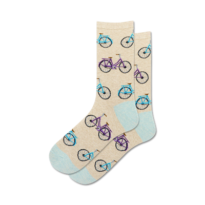 purple and blue bicycles on cream colored crew socks for women.  