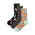 Three pairs of crew socks. One black with peach and champagne design, one dark grey with purple stripes, and one light grey with peach design. 