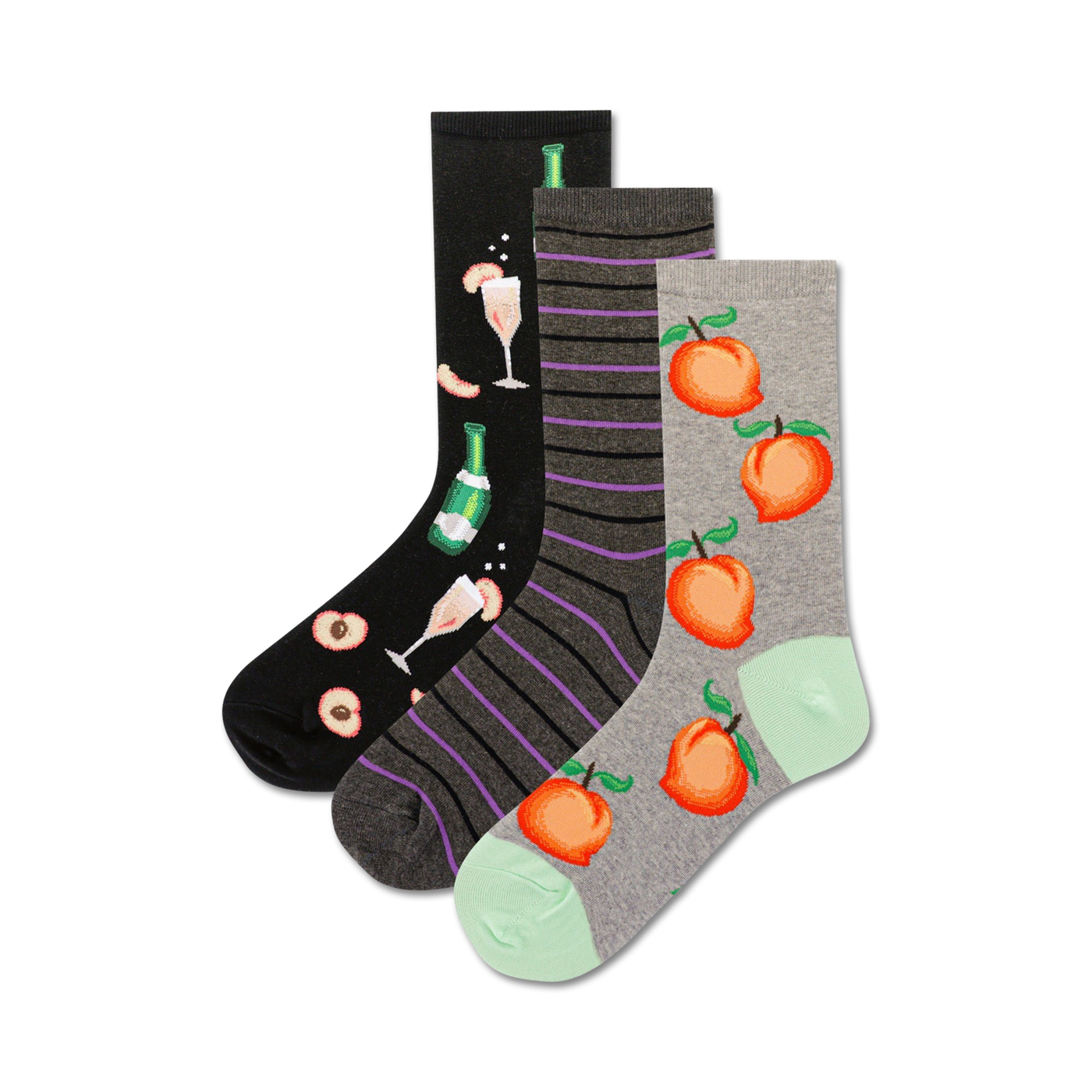 Three pairs of crew socks. One black with peach and champagne design, one dark grey with purple stripes, and one light grey with peach design. 