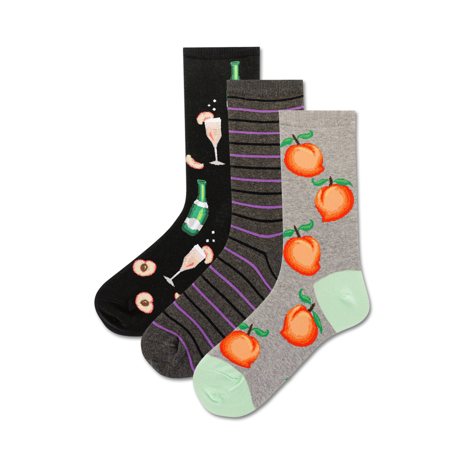 Three pairs of crew socks. One black with peach and champagne design, one dark grey with purple stripes, and one light grey with peach design. 