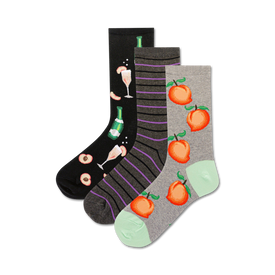 womens crew socks with champagne flutes, bottles, and peaches on them in pink, green, and orange colors on a black, gray, and purple background.   