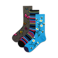 Three pairs of crew socks: grey with butterflies, rainbow striped, and light blue with daisies and bees.