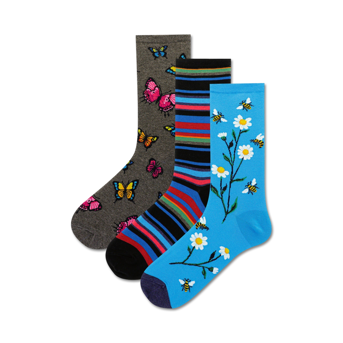 Three pairs of crew socks: grey with butterflies, rainbow striped, and light blue with daisies and bees.