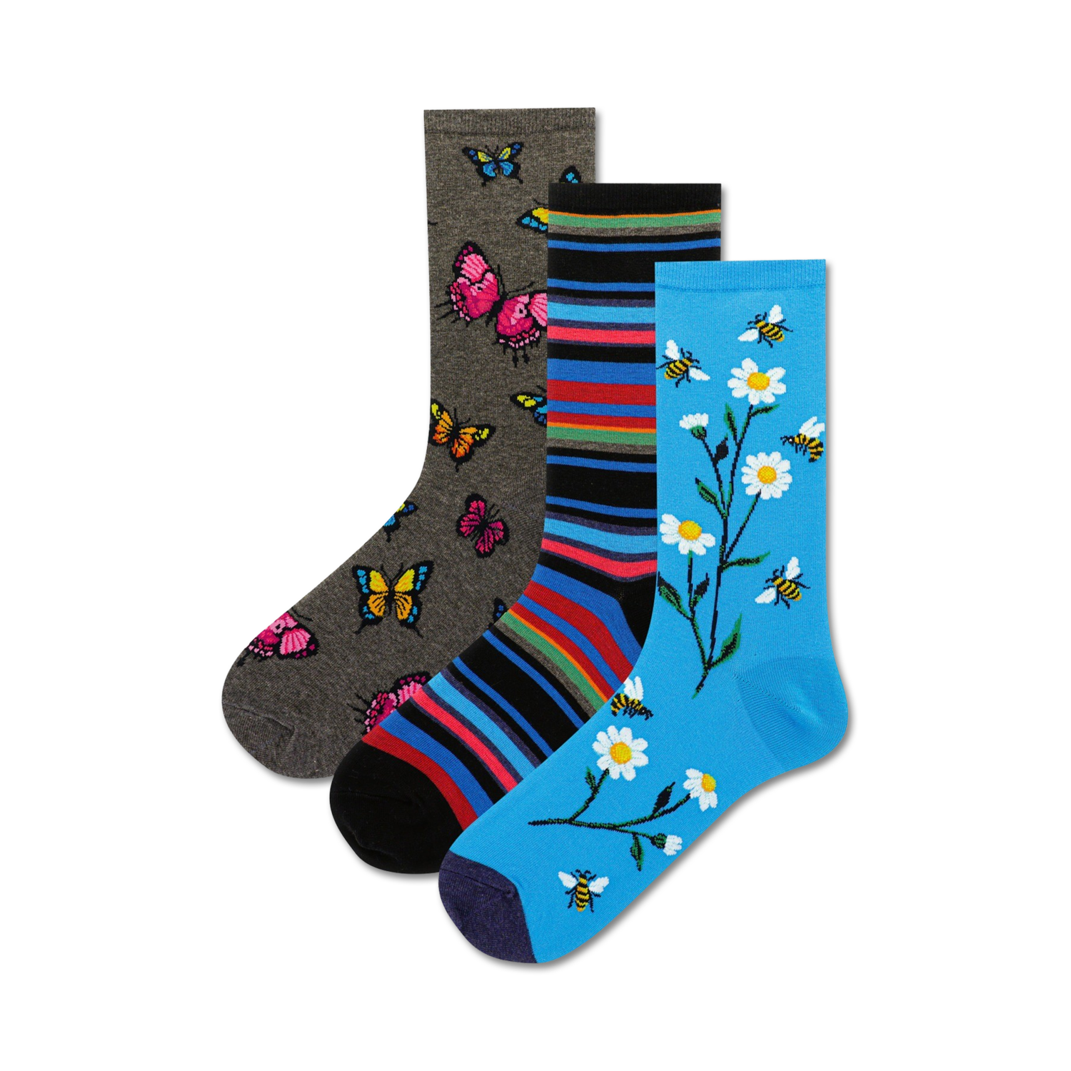 Three pairs of crew socks: grey with butterflies, rainbow striped, and light blue with daisies and bees.