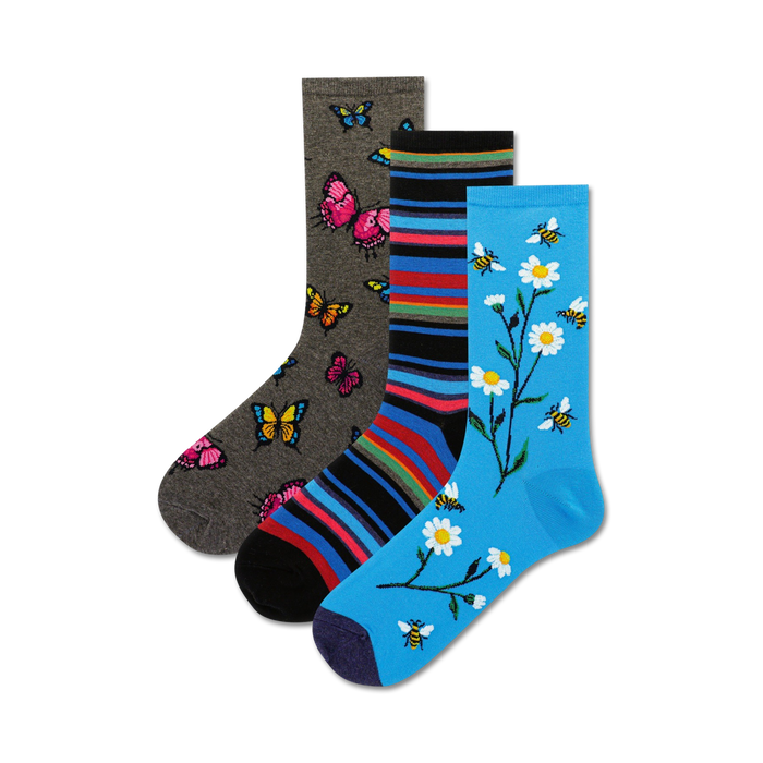 colorful crew socks with a pattern of bees, butterflies, and flowers for women.   }}