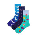 Three crew socks: one blue with beluga whales, one navy with pink polka dots, one teal with colorful fish and a water lily.