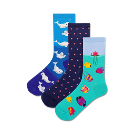 women's crew socks in 3 fun ocean designs: polka dots & beluga whales, blue fish & green plants, light blue with colorful fish.  