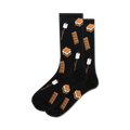Pair of black crew socks with a s'mores design. Features graham crackers, marshmallows, and chocolate bars in brown and tan.