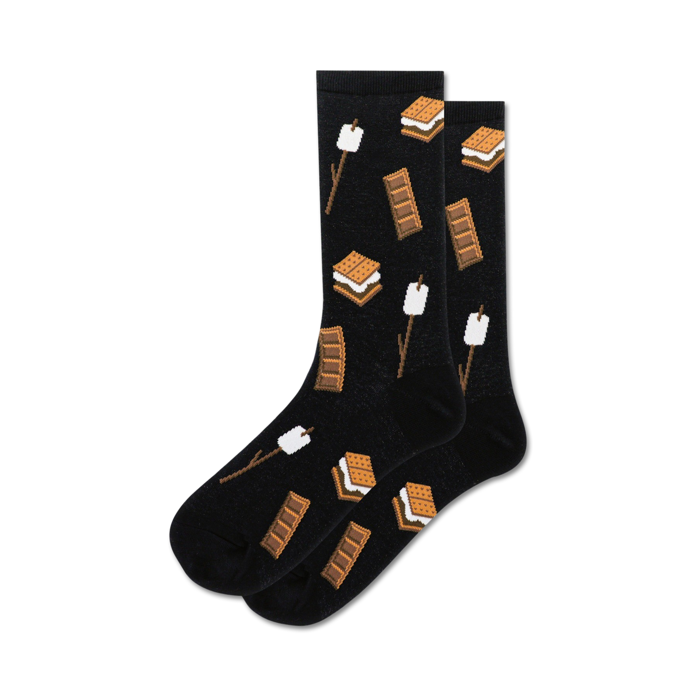 Pair of black crew socks with a s'mores design. Features graham crackers, marshmallows, and chocolate bars in brown and tan.