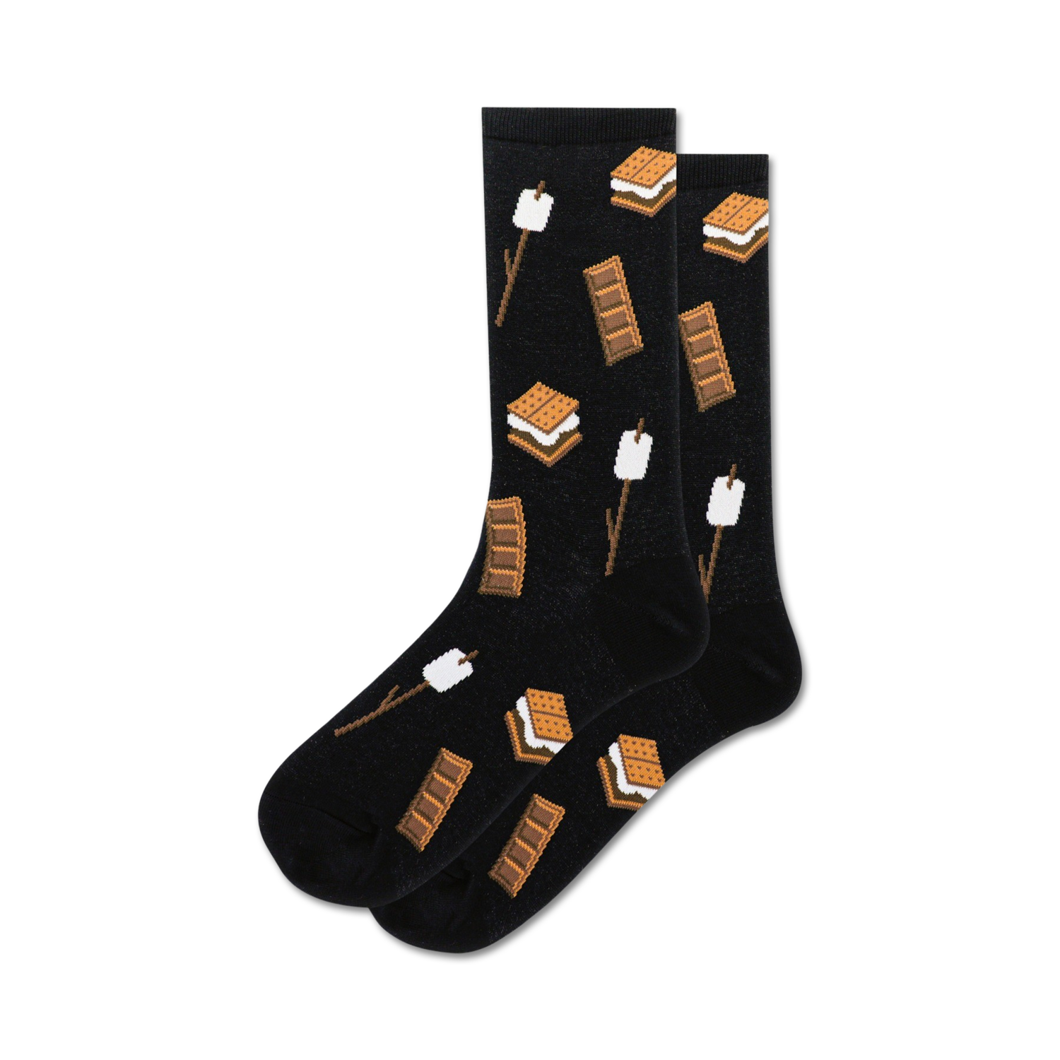 Pair of black crew socks with a s'mores design. Features graham crackers, marshmallows, and chocolate bars in brown and tan.