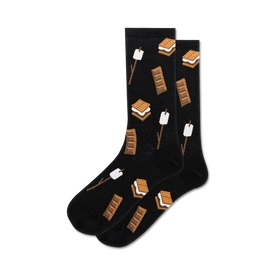 black crew socks with a pattern of graham crackers, chocolate bars, marshmallows, and sticks.  